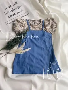 【100cm】韓国子供服 花柄ワンピース デニム風 プティマイン