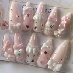 ちゅるんとピンクベース 3dネイルリボン たくさん メルヘンネイルチップ