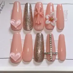 ネイルチップ オレンジ ハート リボン 韓国 ワンホンネイル ちゅるん