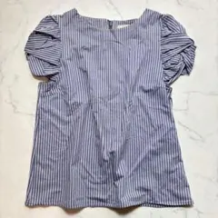 ロペ　パフスリーブブラウス　【M】　ブルー　ストライプ　ストレッチ　バックジップのサムネイル