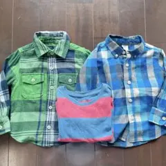 まとめ売り チェック柄シャツとストライプTシャツ　秋 冬服3枚セット　サイズ90