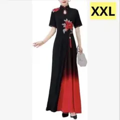チャイナドレス　XXL ロング　刺繍柄　黒　レディースワンピース　エスニック