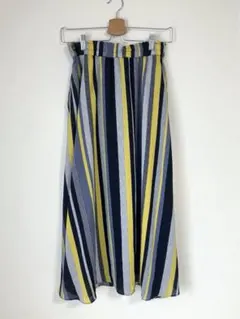 フレアスカート　ロング　Mサイズ　ウエストゴム　総柄　ストライプ　黄色　イエロー