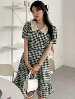 グリーン ギンガムチェック 半袖ミニワンピース