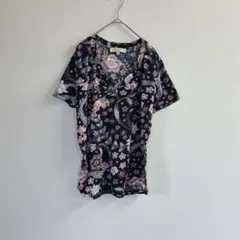LOFT ロフト 花柄 Tシャツ 半袖 総柄 紺 ネイビー Vネック 美品【M】のサムネイル