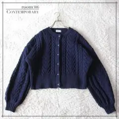 room306 ケーブルニット　ボリュームスリーブ　カーディガン　紺　Ｆのサムネイル