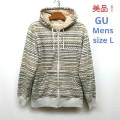 ★美品！GU　ジーユー　メンズ　総柄　裏ボア　フルジップパーカー　Lサイズ