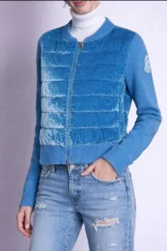 美品MONCLER モンクレール ニット切替ダウンジャケット ブルー