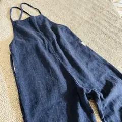 しまむら♠︎ロゴス♠︎濃紺デニムサロペット【L】 麻綿混 肩紐調整　ワイド　ゆったり