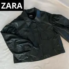 【美品】ZARA ダークグリーン レザー クロップドジャケット パフスリーブ