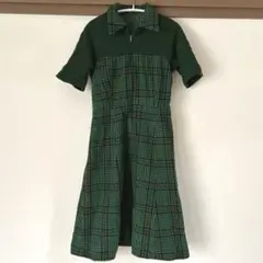 70s グリーン千鳥格子ワンピース　昭和レトロ
