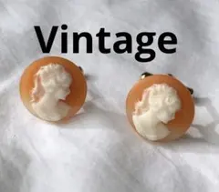 ビンテージ　カメオ　カフリンクス　ゴールド　オレンジ　女性の横顔