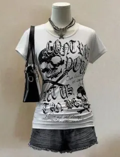 Y2kギャル グランジギャルグラフィックプリント Tシャツ スカル グランジ