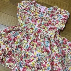 [値下げ]シャーリーテンプル 花柄と麦わら帽子プリントのフリルワンピース　95のサムネイル