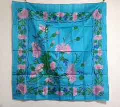 タイシルク 花柄 スカーフ 青