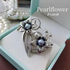本真珠 グレーパール 銀線細工 フラワー ブローチ 花 帯留め フィリグリー