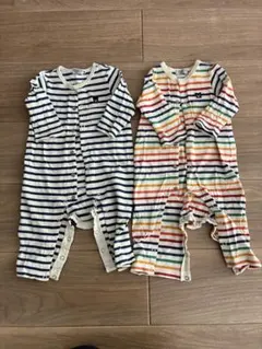 【2枚組】ミキハウス　ストライプロンパース 80