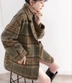 ブークレー起毛チェック柄ダブルジャケットコート　M