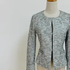 美品 INDIVI 高級感 ノーカラー ツイードジャケット 38 白黒 万能