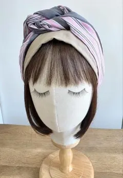 ターバン帽子☆ハンドメイド☆カフェ帽子☆ケア帽子☆ベージュ×播州織ピンク×グレーのサムネイル