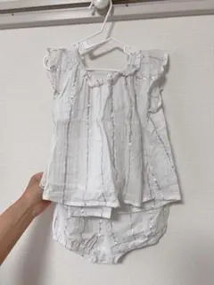 プティマイン ホワイト シルバー ストライプ フリル　セットアップ　80