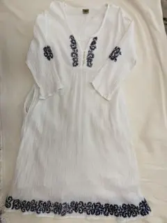 【訳あり格安】マライカ インド綿 麻混 刺繍 チュニックワンピース 白のサムネイル