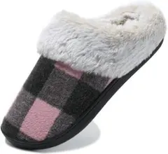 チェック柄ファー付きスリッパ ルームシューズ ピンク 25.5cm