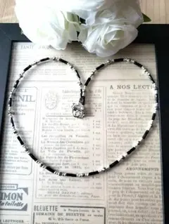 ブラック・シルバー ビーズ　ネックレス４１cm　ハンドメイド