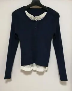 タイムセール新品　シーイン　ネイビー フリル付き長袖ニット　M
