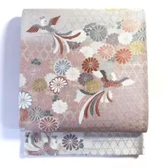 6k419 袋帯　絹　唐織　鳳凰　銀色　ピンク　白　赤　金色　紫　花柄　和装