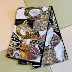 多彩な花柄 袋帯 振袖用 No.f-038黒系　黒白花模様　成人式着付けにも