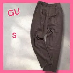 GU ジーユー 起毛タックテーパードパンツ チェック柄 ブラウン 茶色 S 秋冬