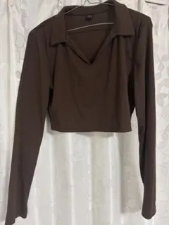 ブラウン クロップド丈 Vネック 長袖 トップス