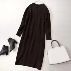 春色チョコダークブラウンアーバンリサーチキーネックケーブルロングニットワンピース