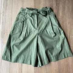 オリーブグリーン 膝丈ガウチョパンツ リボン付き