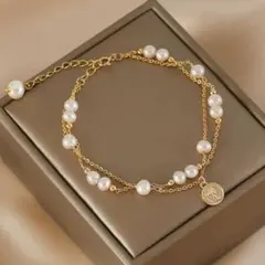 ゴールド パール ダブルチェーンブレスレット