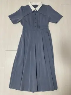 【axes femme】襟付カットワークプリーツワンピース　ブルー