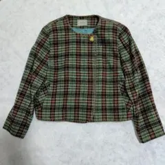 【花もめん】ノーカラージャケット ウール混 日本製 金ボタン チェック レトロ