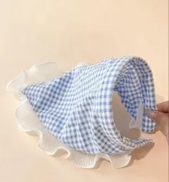 水色チェック柄フリルヘアスカーフ