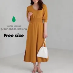 グリーンレーベルリラクシング ウエストリブVネックニットワンピース イエロー F