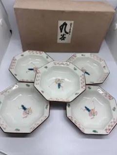 九谷焼　未使用　八角形花模様陶器皿5枚セット