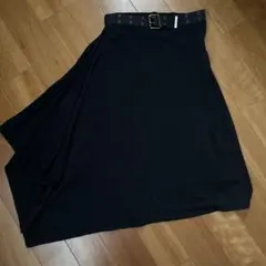 アシンメトリー　黒　膝下フレアスカート ベルト付き風（表のみ）　サイズ38