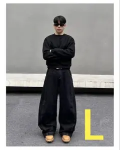 黒デニムワイドパンツ L