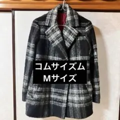 【M】コムサイズム　グレー系　チェック柄　ダブルブレストコート　ピーコート