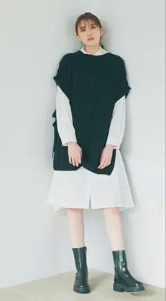 COCODEAL 地柄ニットベストレイヤードプリーツシャツワンピース