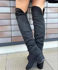 黒 ニーハイブーツ 中ヒール