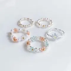 韓国ビーズ♡リング5点set ＼Blue×Pink／