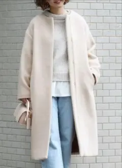 美品✨️IENA ノーカラーコート アイボリー ライトグレー