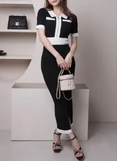 LIP SERVICE ジャガードバイカラーニットワンピース （ブラック）