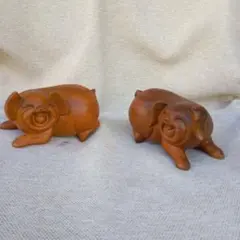 木彫り 豚 置物 2体セット